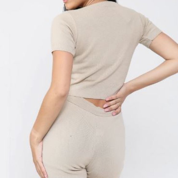 Beige Knit Short And Tee Set Soft Stretch Shorts And T-shirt Coordinates - Picture 3 of 15